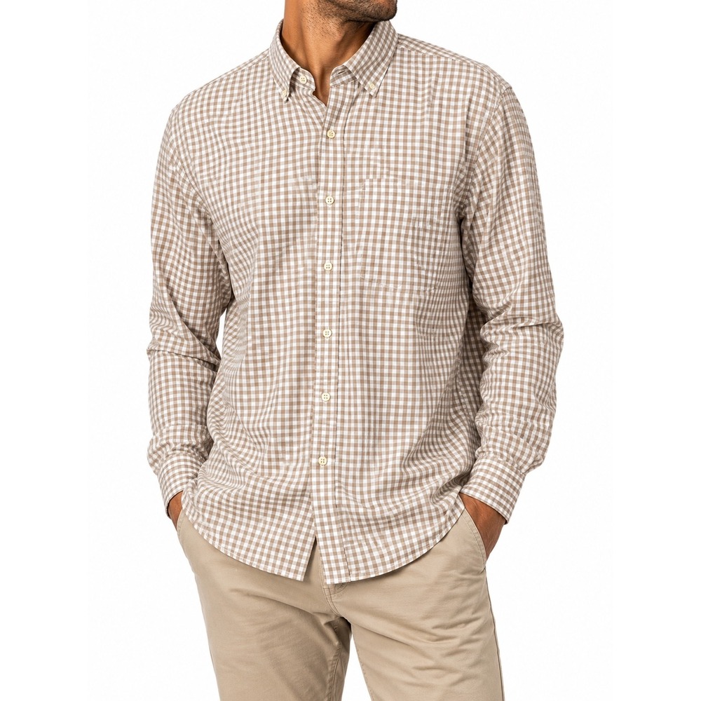 Michael Kors Mens Regular Fit Gingham Button Down Shirt Tan White 16 32/33
